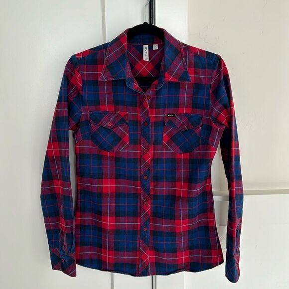 RVCA Women’s Plaid Blue Red Long Sleeve Button Down Casual Shirt Size Small GUC - Picture 1 of 12